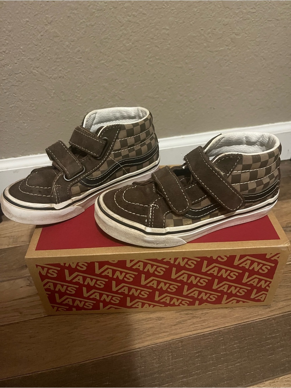 Vans size 13 brown checkered Velcro double strap high top sneakers NO BOX